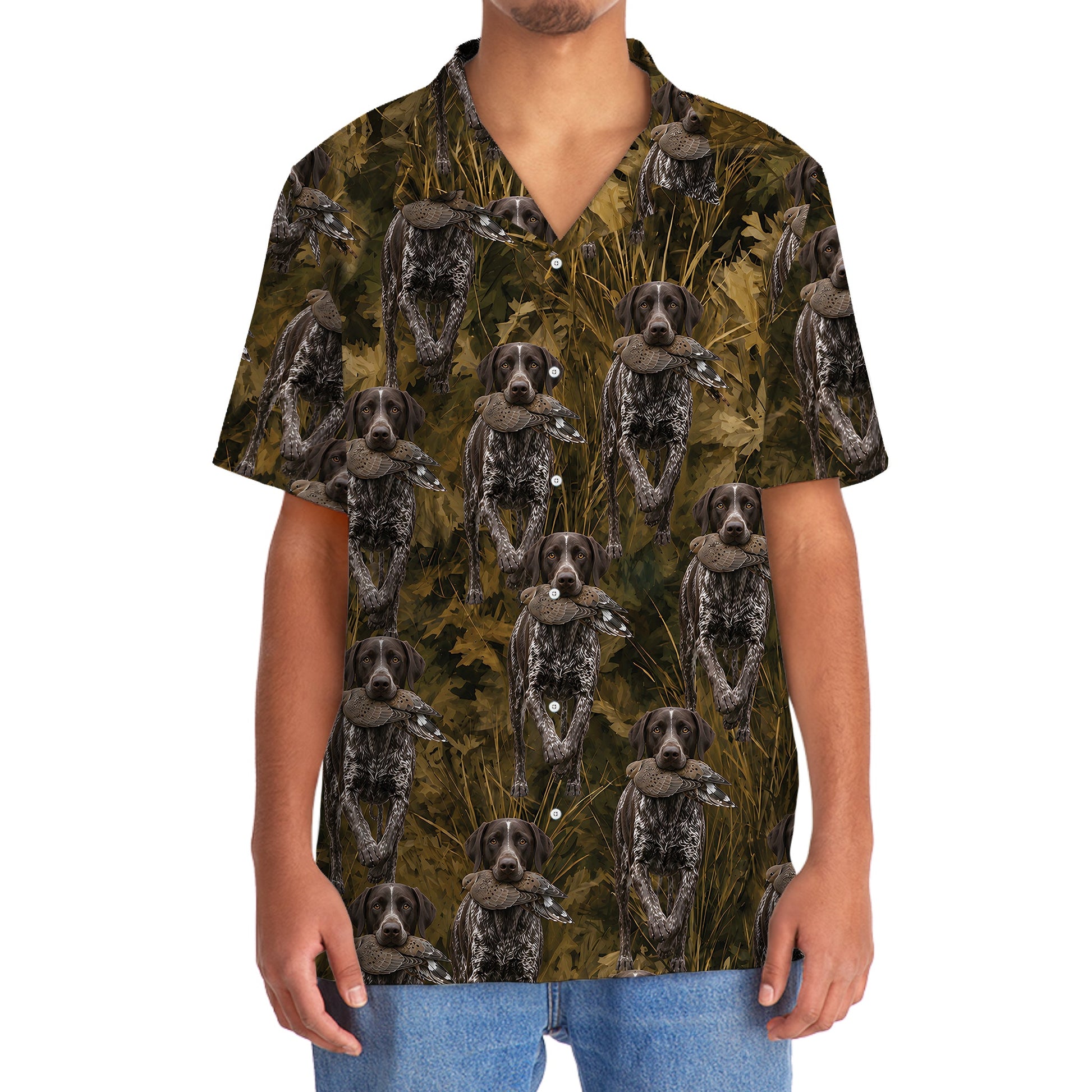 Camouflage German Shorthaired Pointer Running With Mourning Dove Hawaiian Shirt