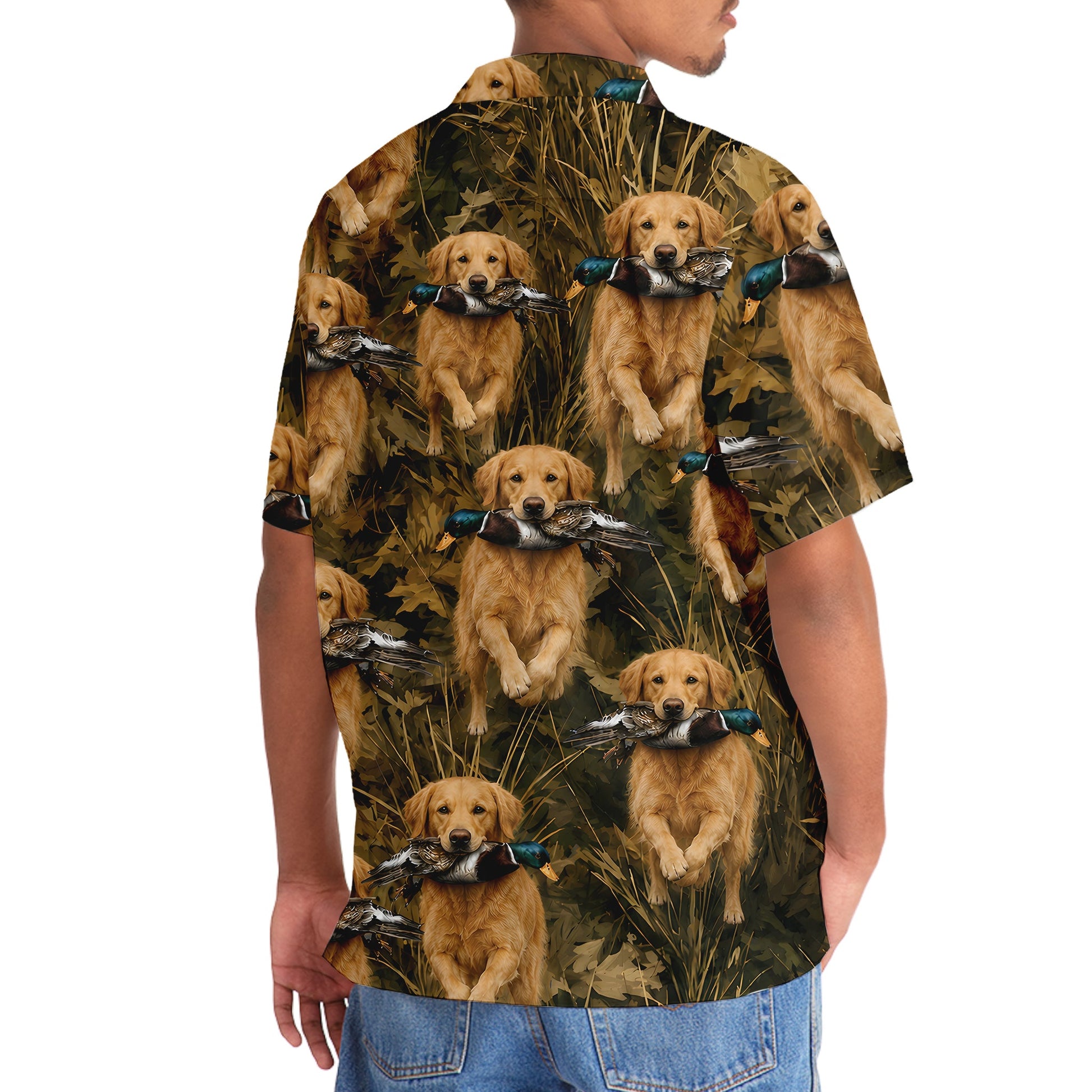 Camouflage Golden Retriever Running With Mallard Duck Hawaiian Shirt