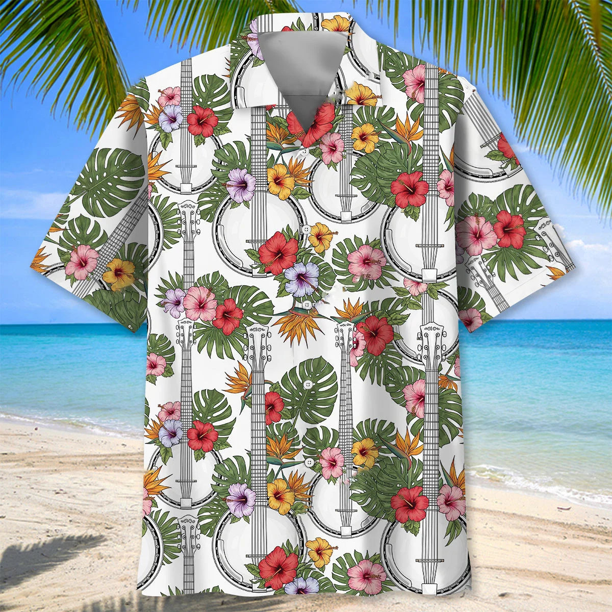 6 String Banjo Tropical Hawaiian Shirt - M - hawaiian shirt