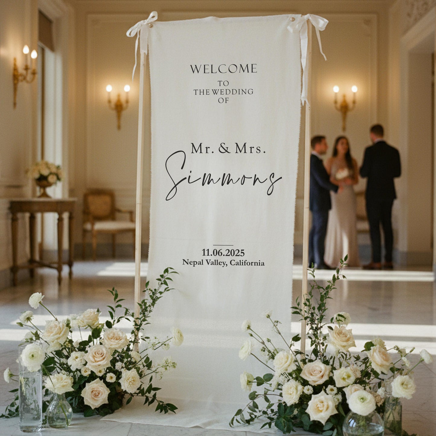 Custom Wedding Welcome Sign Fabric Banner, Boho Ceremony Decor