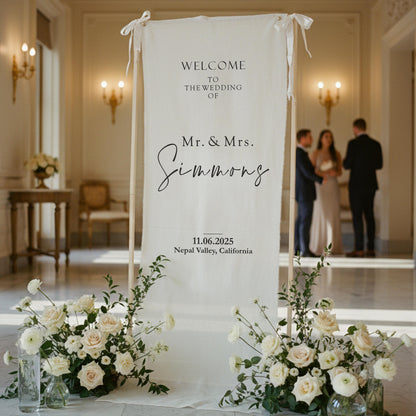 Custom Wedding Welcome Sign Fabric Banner, Boho Ceremony Decor