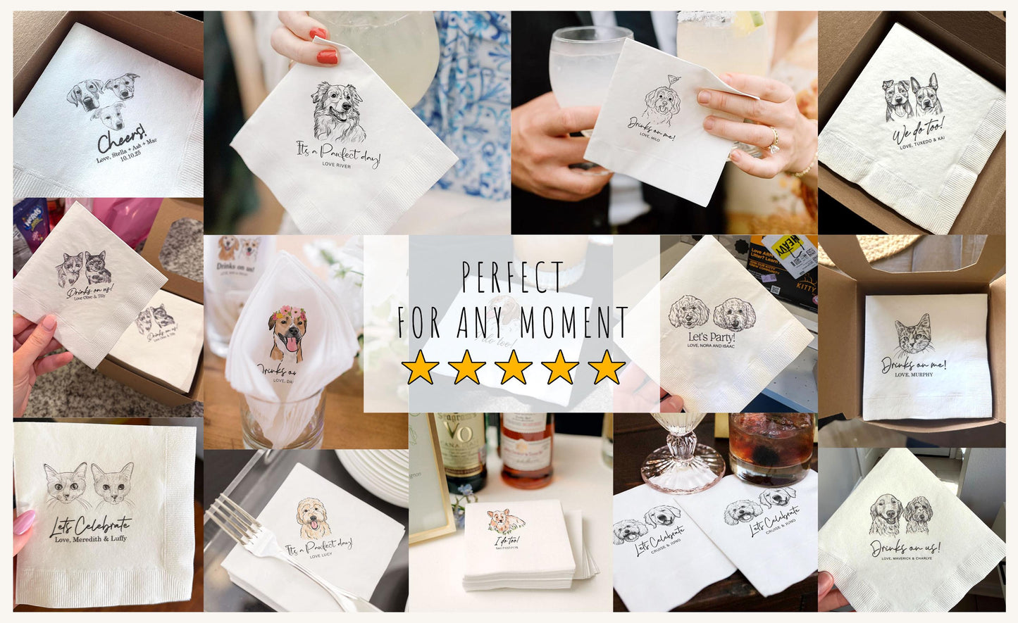Custom Pet Napkins for Wedding, Personalized Dog and Cat Portrait from Photo, Dog Cocktail Engagement Serviettes, Pet Cocktail Napkins