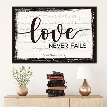 rustic love never fails 1 corinthians 13 4 8 wall art canvas (Landscape) (view 6)
