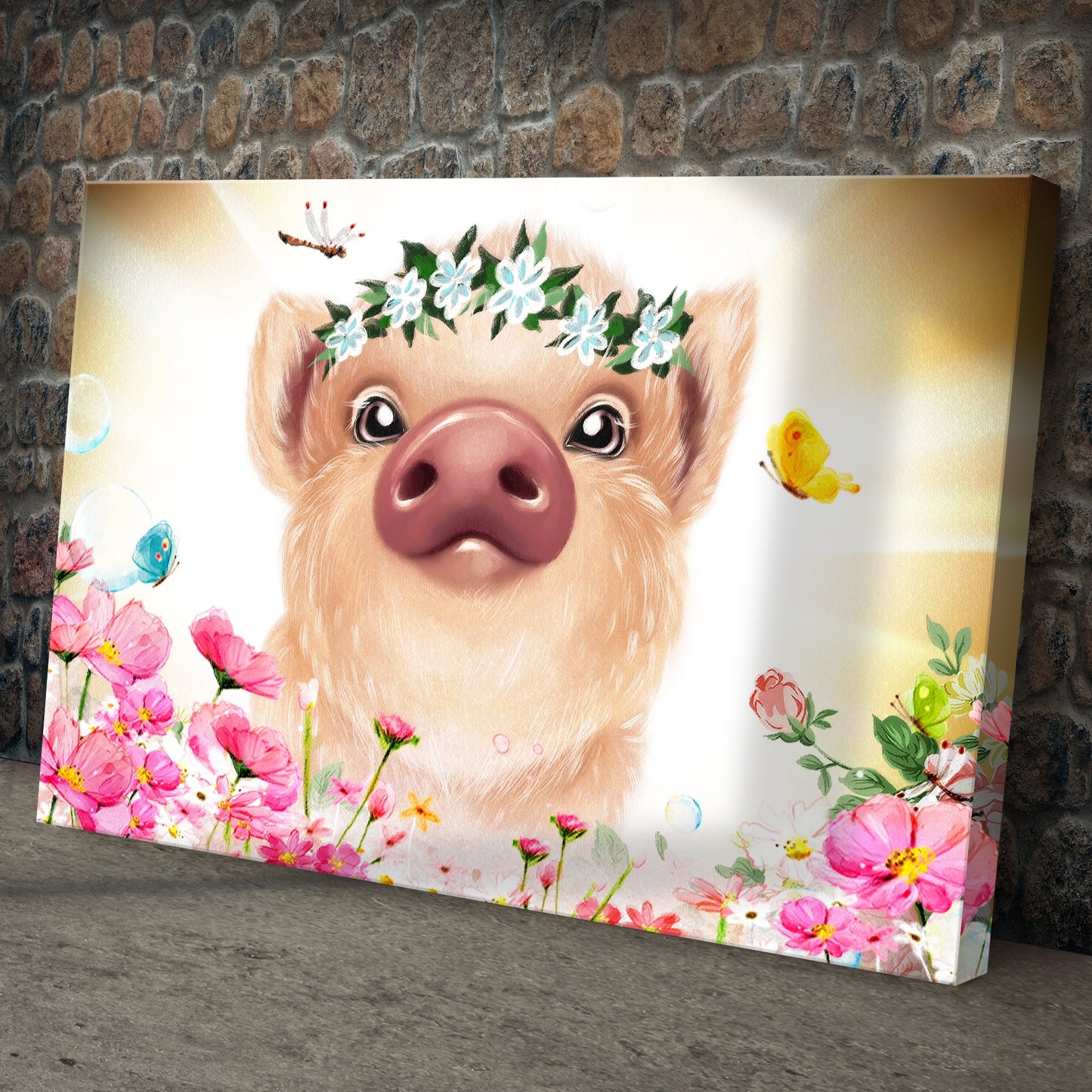 Flower Crown Pig Canvas Wall Art