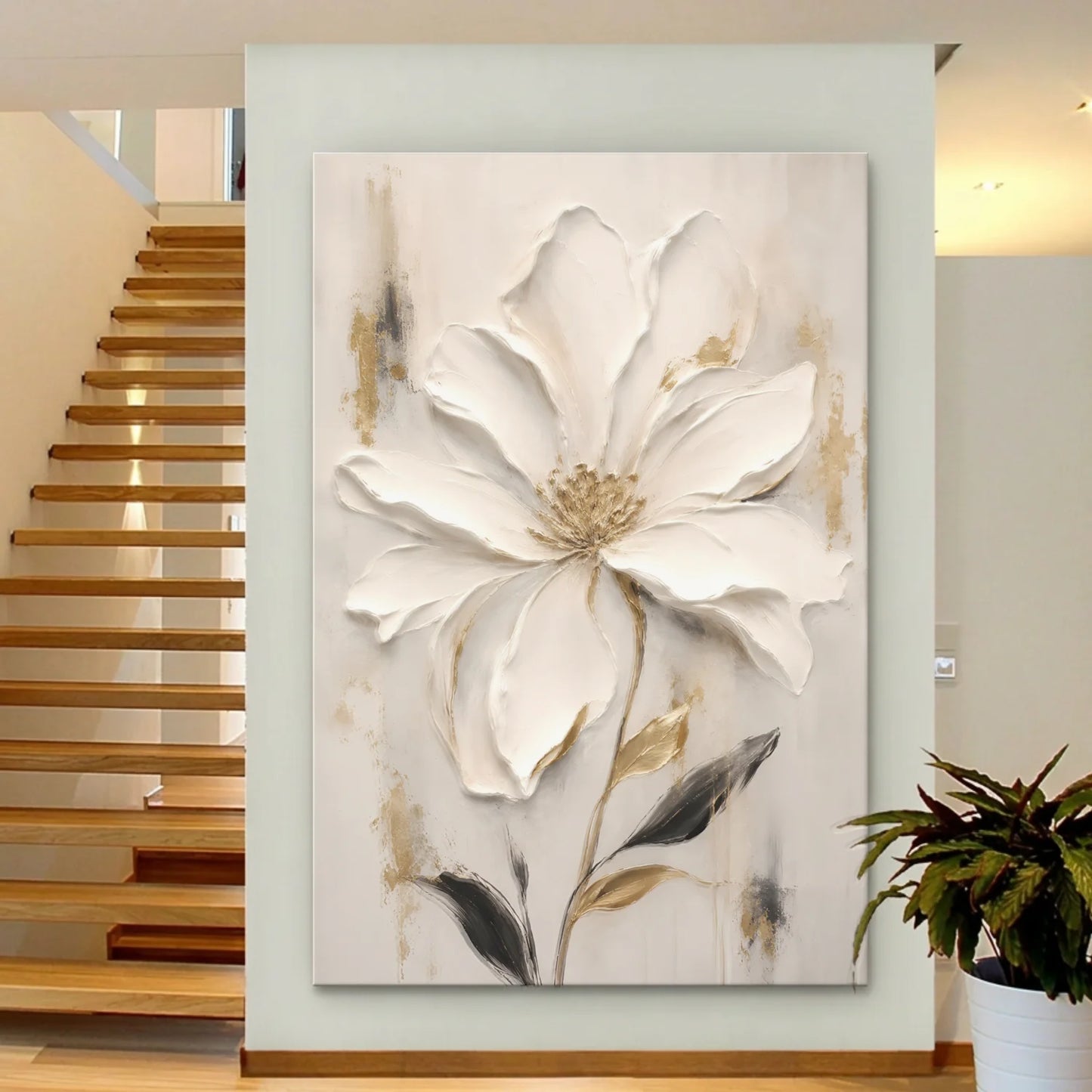Decorative wall art of a large white flower in a modern interior setting with a staircase.