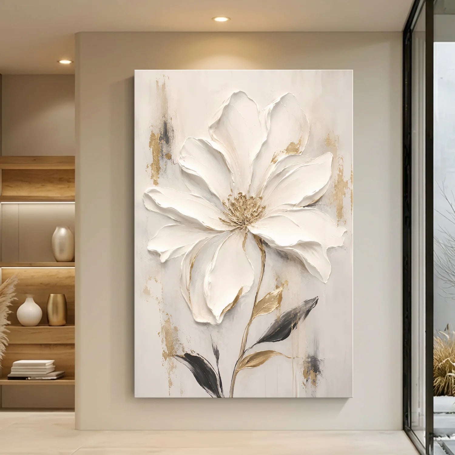 Decorative floral painting on a wall in a modern interior setting