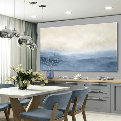 Modern dining room with a large abstract painting on the wall. Muted Blue