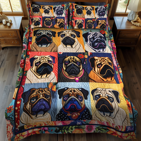 Adorable Baby Pugs 3-Piece Quilted Bedding Set - Single (59" x 70")