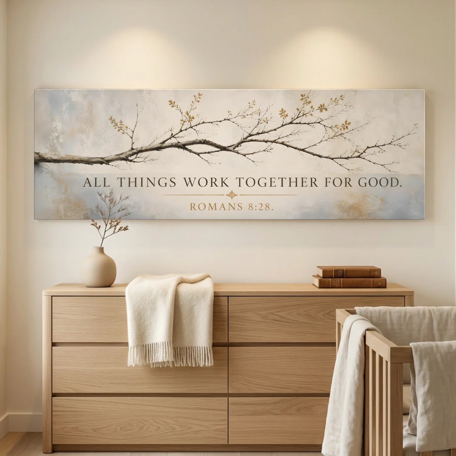 Nursery room with wooden dresser, crib, and decorative wall art with inspirational quote. All Things Work Together - Romans 8:28