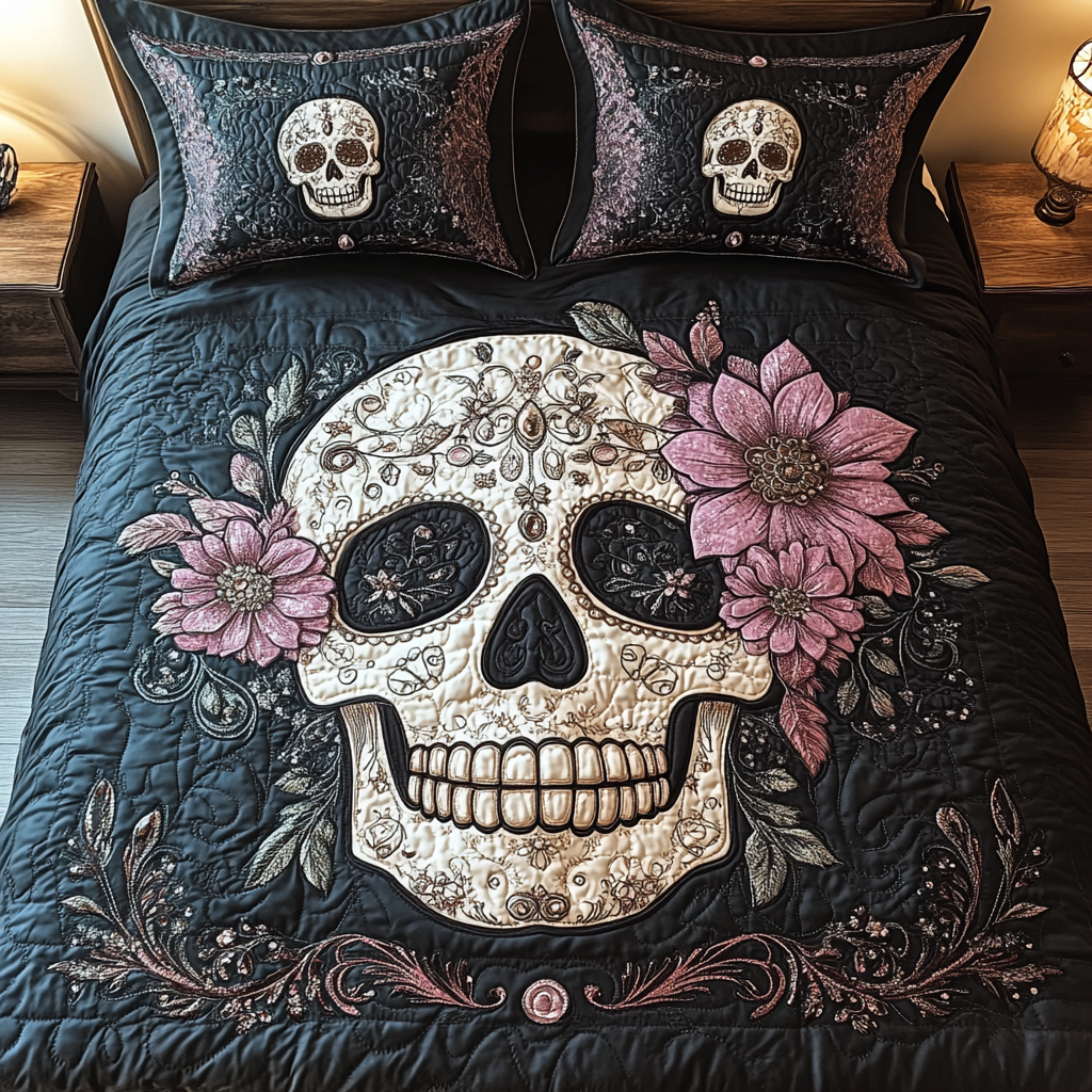 Single (59'' x 70'') /Artistic Skull 3-Piece Quilted Bedding Set