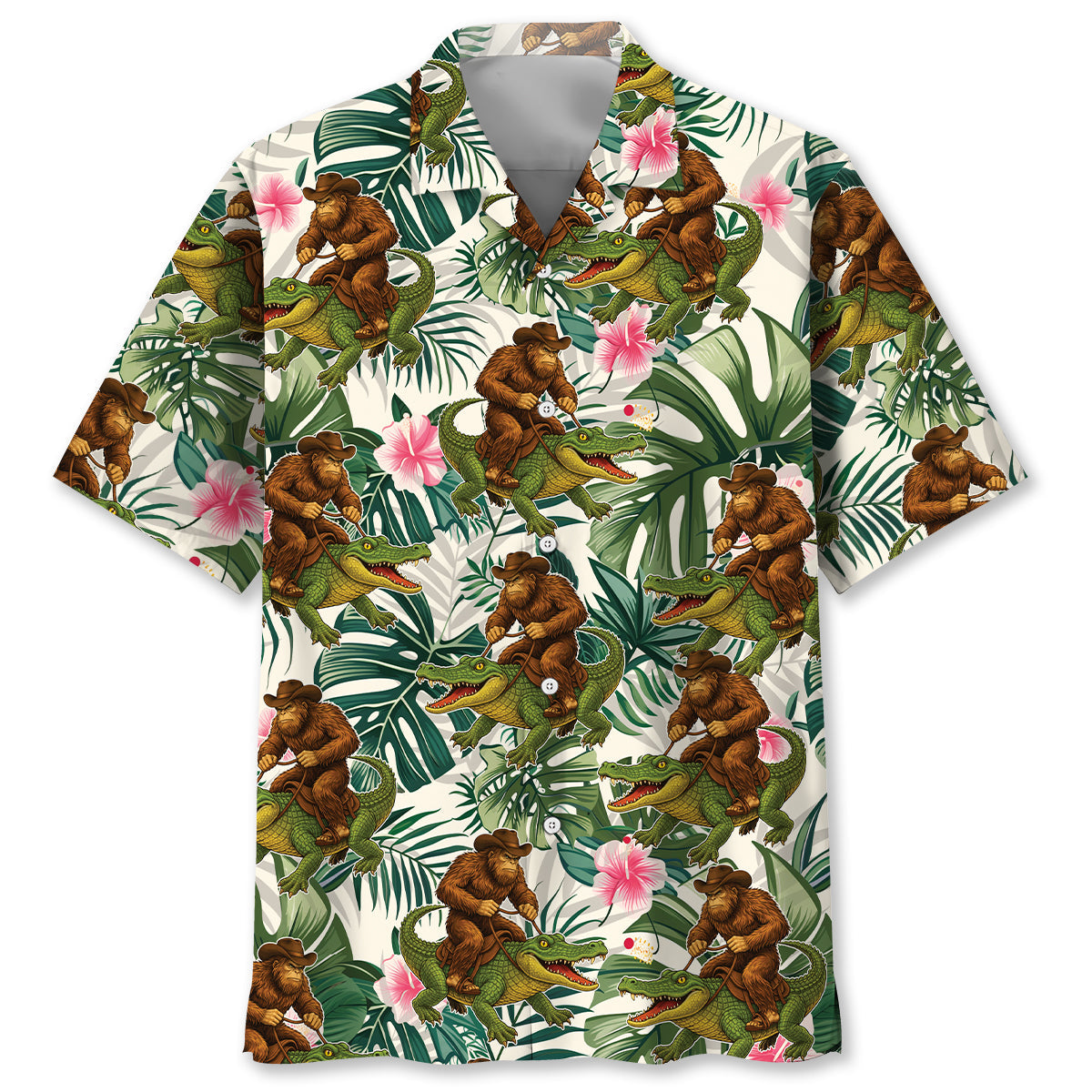 Bigfoot Green Cowboy with Crocodile Tropical Hawaiian Shirt - S - hawaiian shirt