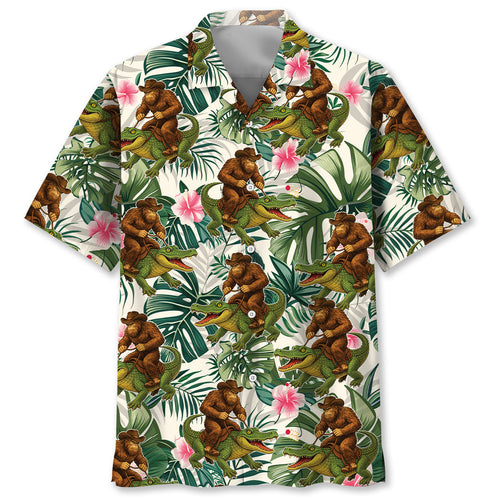 Bigfoot Green Cowboy with Crocodile Tropical Hawaiian Shirt - S - hawaiian shirt