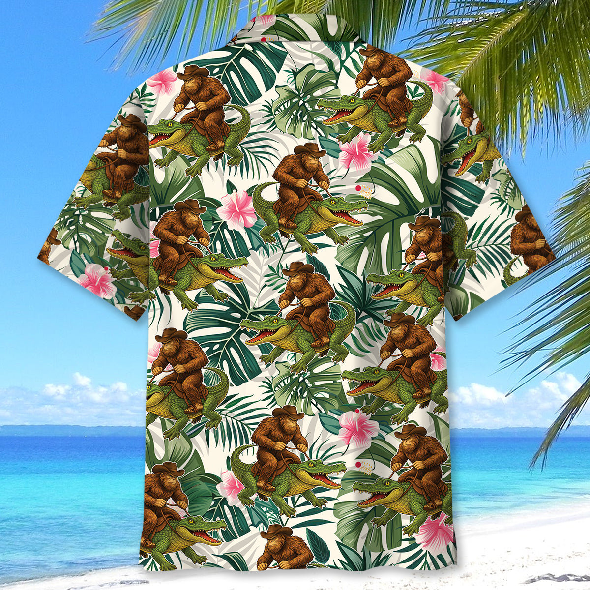 Bigfoot Green Cowboy with Crocodile Tropical Hawaiian Shirt - XL - hawaiian shirt
