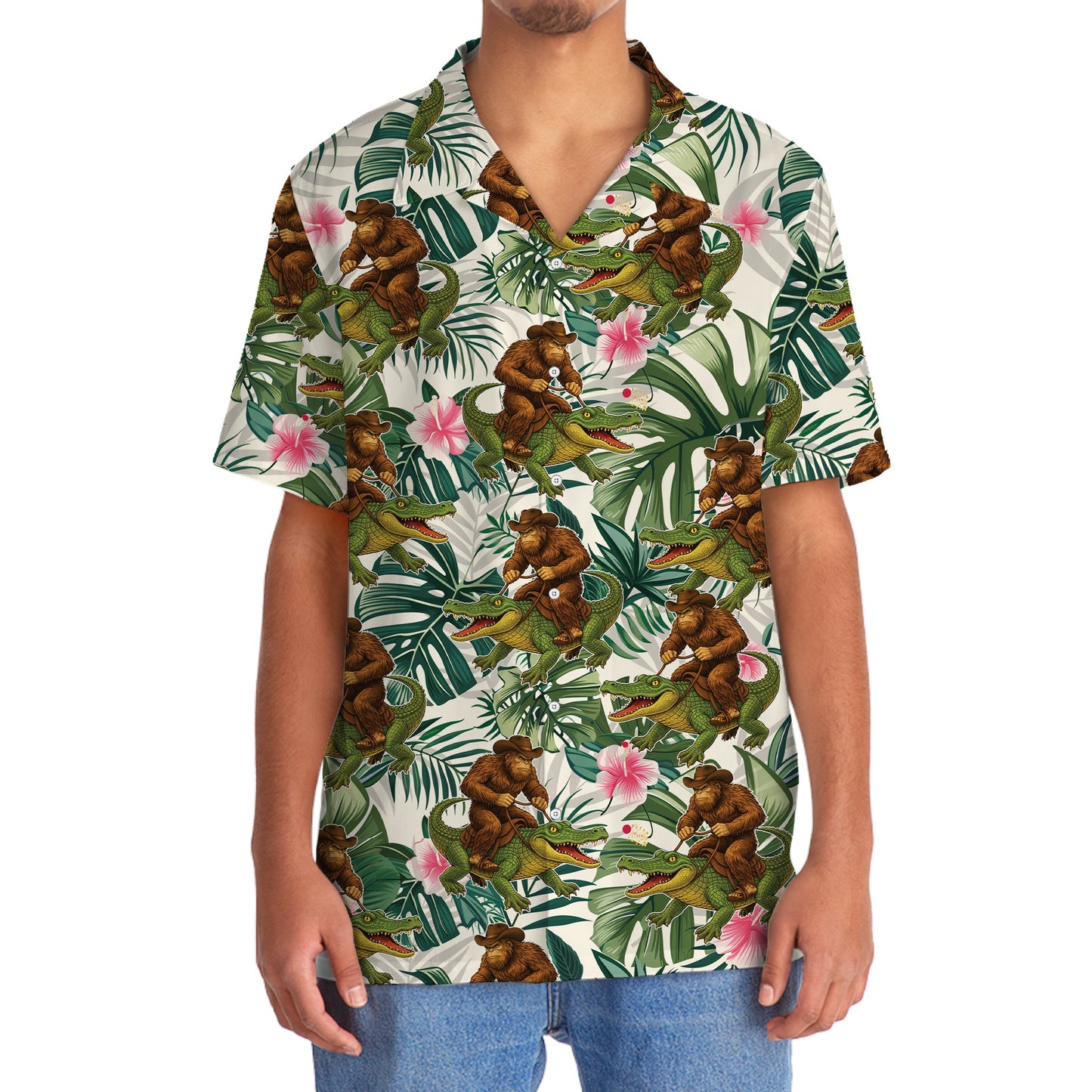 Bigfoot Green Cowboy with Crocodile Tropical Hawaiian Shirt - 2XL - hawaiian shirt