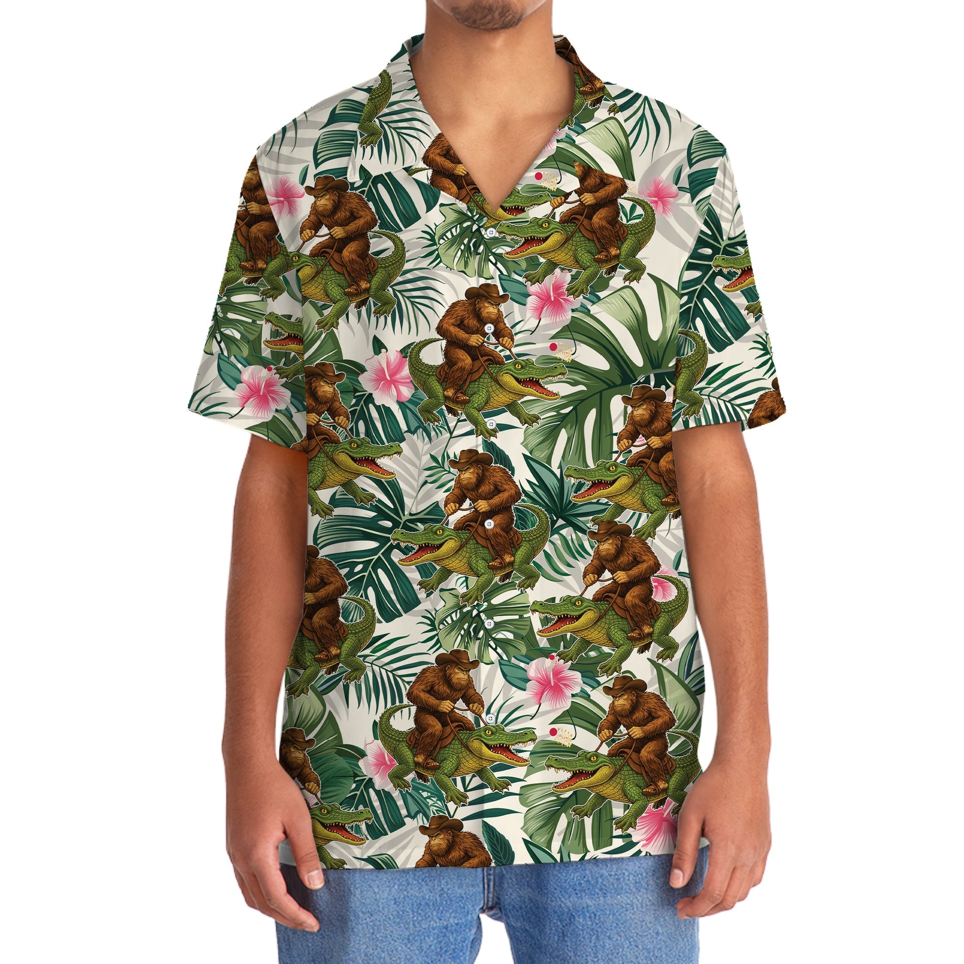 Bigfoot Green Cowboy with Crocodile Tropical Hawaiian Shirt - 2XL - hawaiian shirt