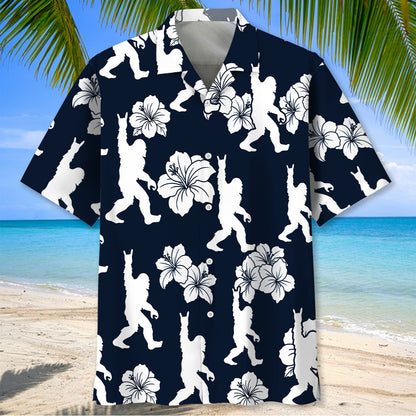 Bigfoot Rock and Roll Hibiscus Flowers Hawaiian Shirt - M - hawaiian shirt
