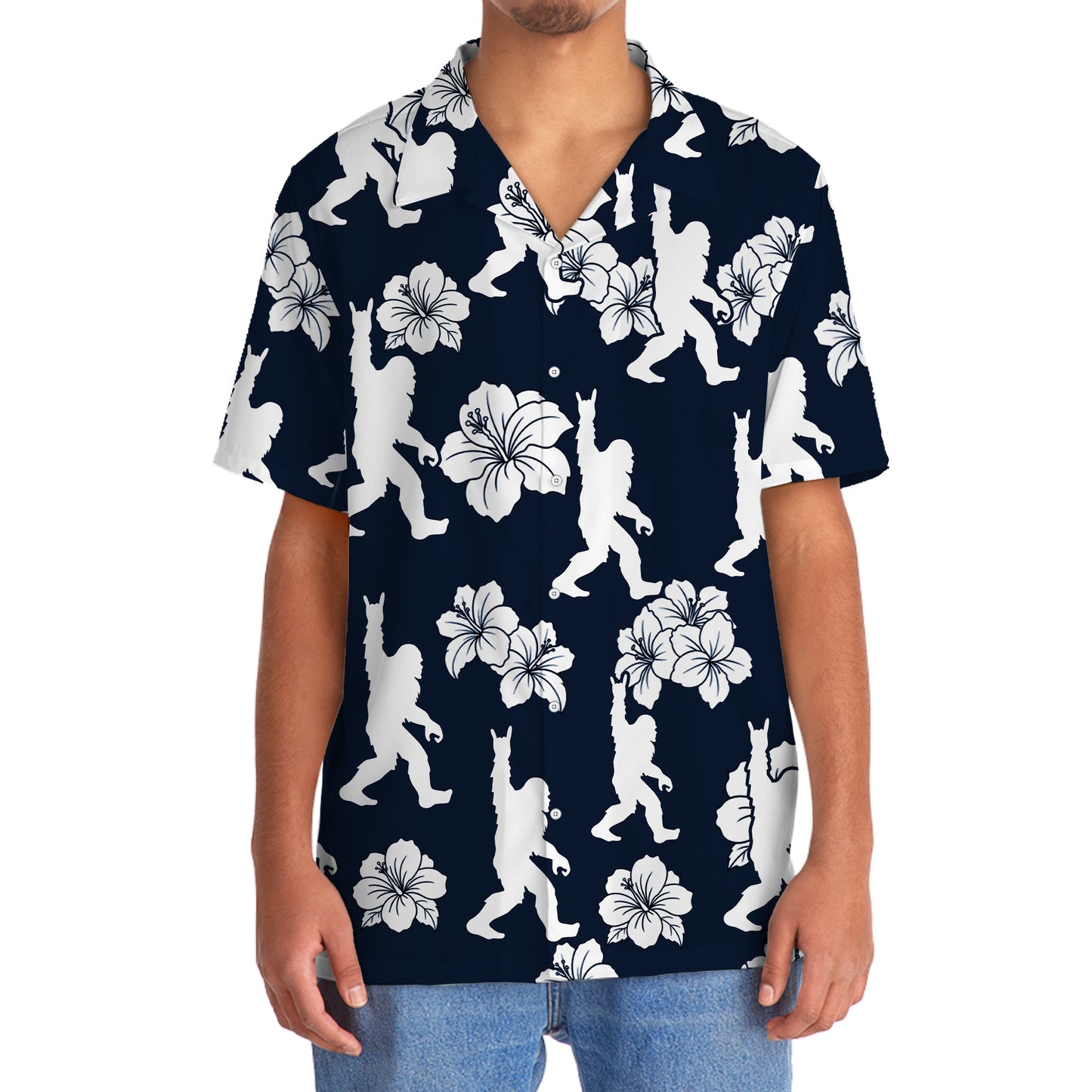 Bigfoot Rock and Roll Hibiscus Flowers Hawaiian Shirt - 2XL - hawaiian shirt