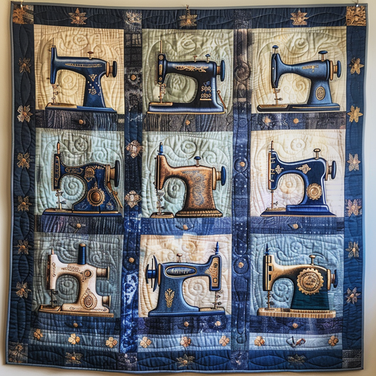 Blue Sewing Machine Quilted Blanket - Throw (55" x 60")