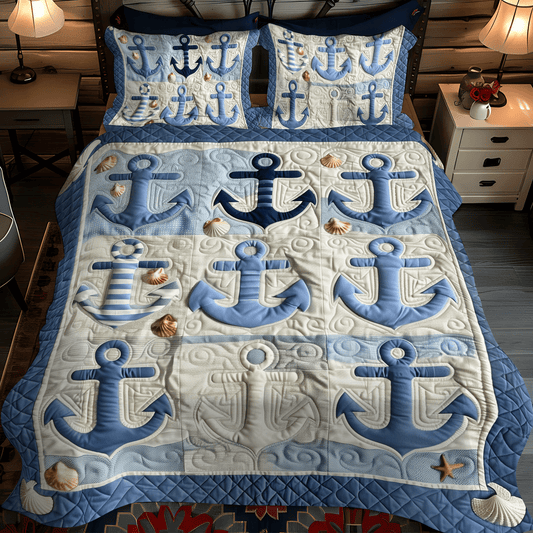 Blue Anchors 3-Piece Quilted Bedding Set - Single (59" x 70")