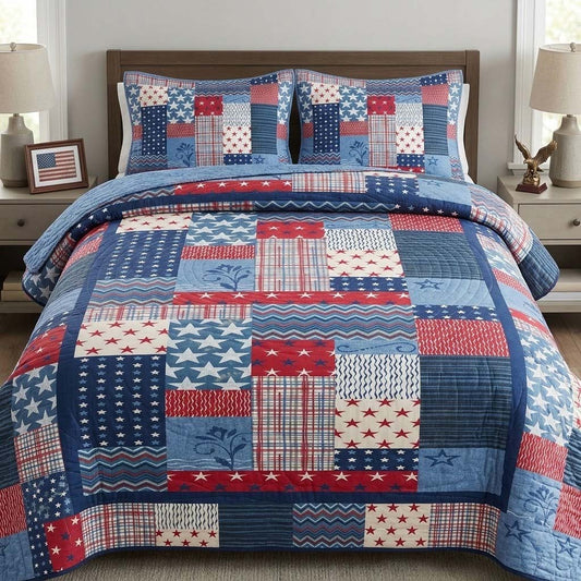 Blue Star Patch 3-Piece Quilted Bedding Set - Single (59" x 70")