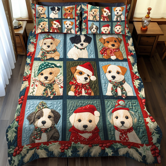 Christmas Puppy Joy 3-Piece Quilted Bedding Set - Single (59" x 70")
