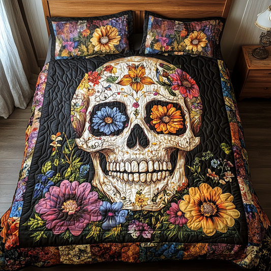 Colorful Skull Accent 3-Piece Quilted Bedding Set - Single (59" x 70")