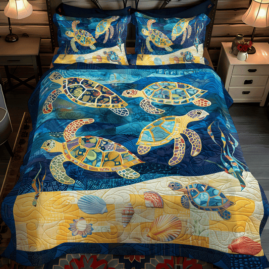 Colorful Turtle Expedition 3-Piece Quilted Bedding Set - Single (59" x 70")