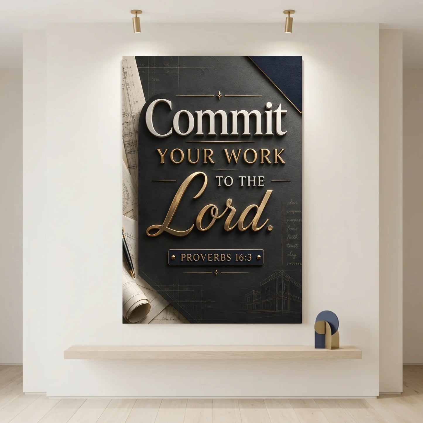 Poster with motivational quote 'Commit Your Work to the Lord' on a wall.