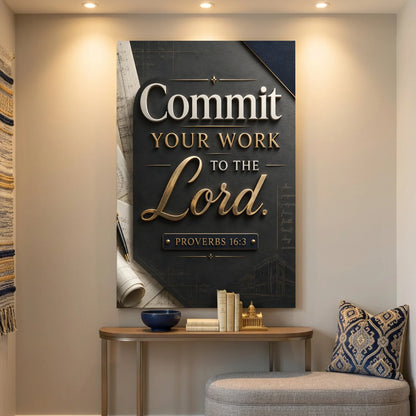 Decorative wall art with motivational quote 'Commit Your Work to the Lord' in a home setting.