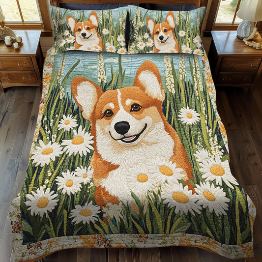Corgi Floral Wonderland 3-Piece Quilted Bedding Set - Single (59" x 70")