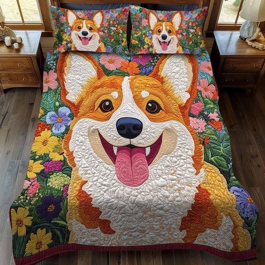 Corgi in Bloom 3-Piece Quilted Bedding Set - Single (59" x 70")