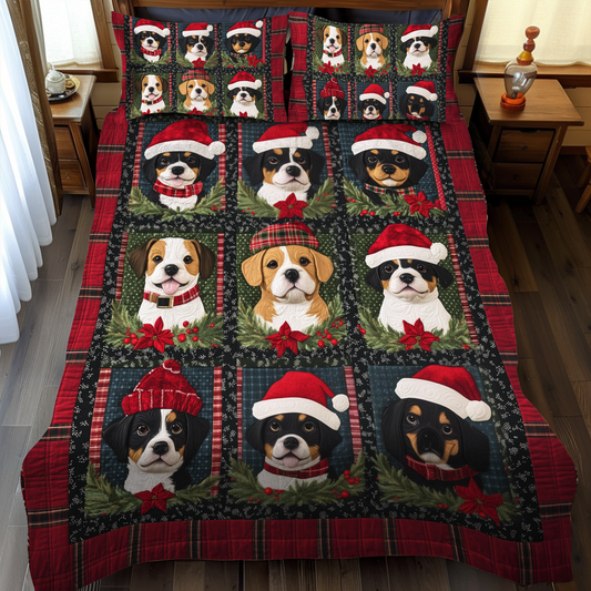 Cozy Christmas Puppies 3-Piece Quilted Bedding Set - Single (59" x 70")