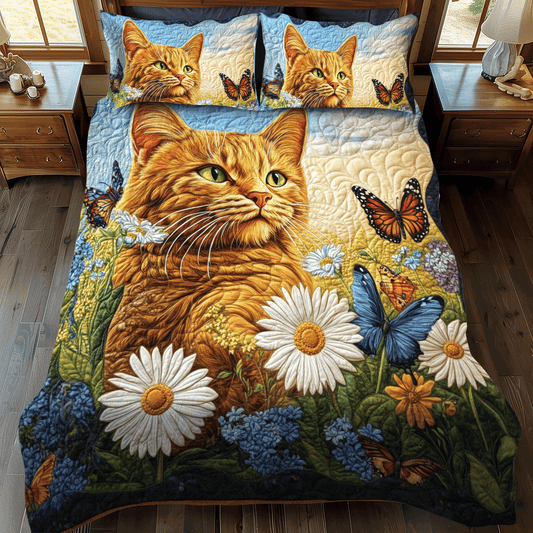 Daisy Butterflies Cat 3-Piece Quilted Bedding Set - Single (59" x 70")