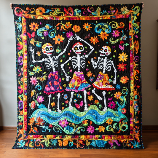 Dancing Skeleton Floral Quilted Blanket - Throw (55" x 60")