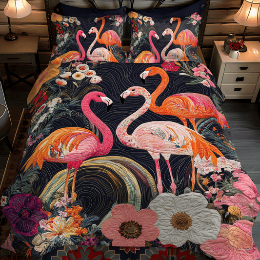 Delightful Cheerful Flamingo 3-Piece Quilted Bedding Set - Single (59" x 70")