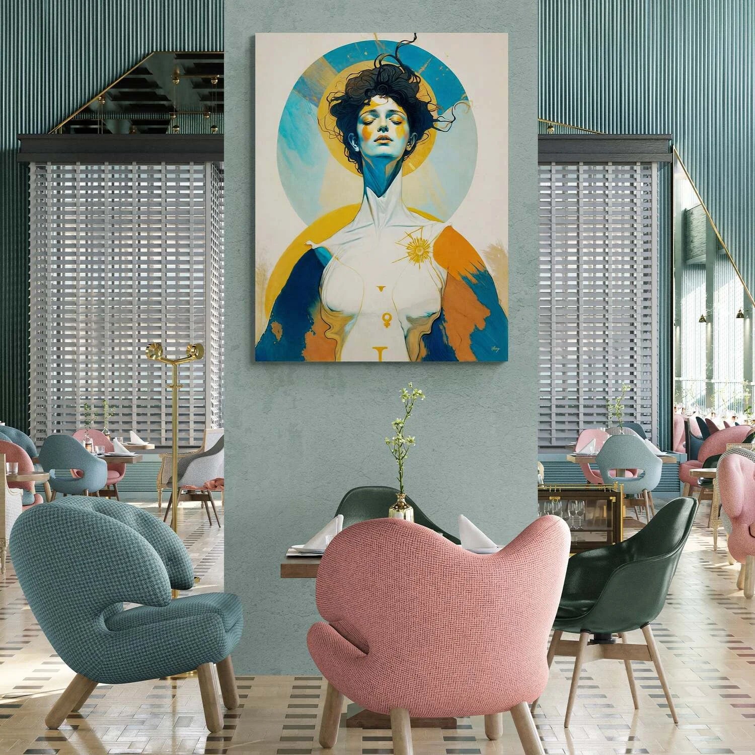 Modern interior with colorful chairs and a large abstract painting on the wall. Canvas Print: "Divine Hypnosis"