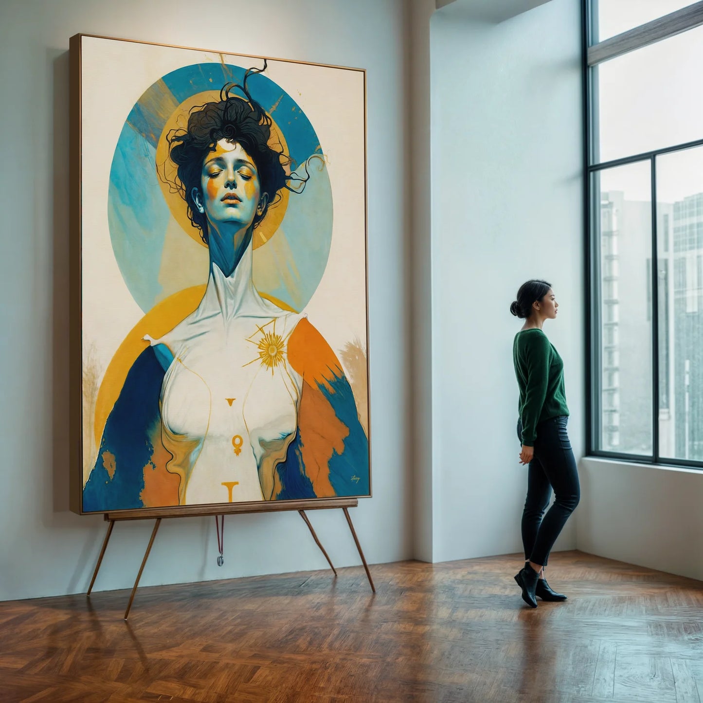 Woman looking at a large abstract painting in a modern room with a  window. Canvas Print: "Divine Hypnosis"