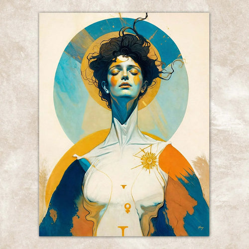 Artistic depiction of a woman with a celestial background on a textured wall. Canvas Print: "Divine Hypnosis"