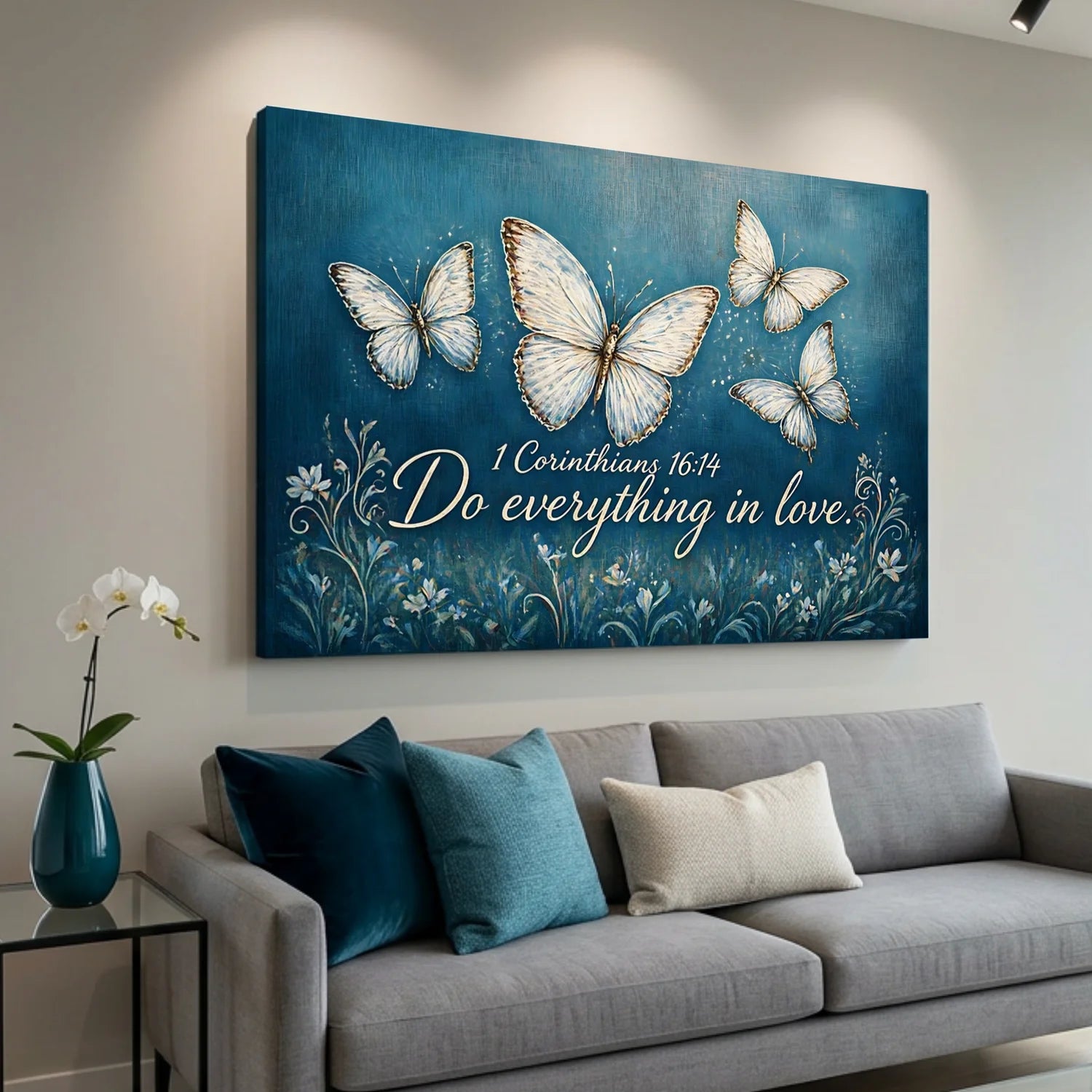 Decorative wall art with butterflies and a quote on a blue background in a living room.