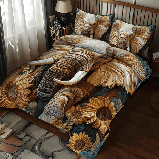 Elephant Sunflower March Quilted Bedding Set - Single (59" x 70")