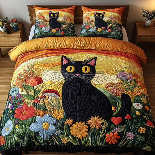 Enchanted Floral Cat 3-Piece Quilted Bedding Set - Single (59" x 70")