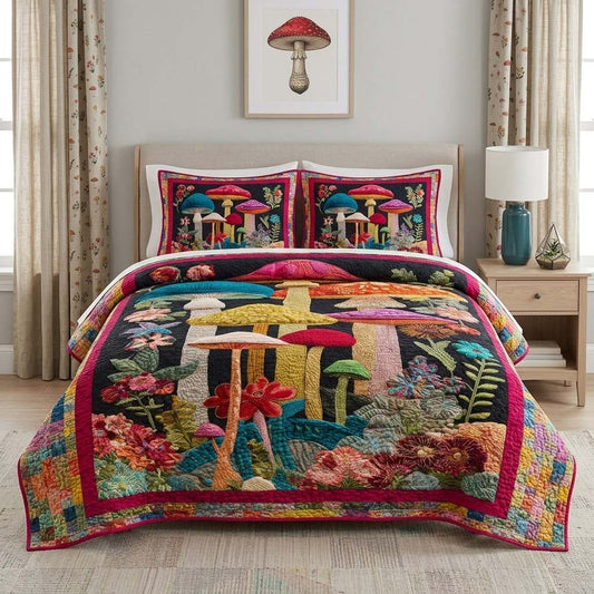 Enchanted Mushroom Forest 3-Piece Quilted Bedding Set - Single (59" x 70")