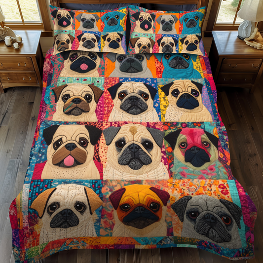 Endearing Pugs 3-Piece Quilted Bedding Set - Single (59" x 70")