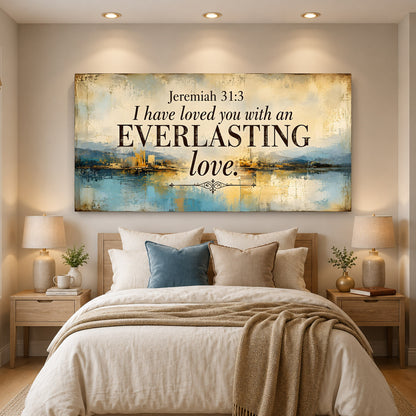 Decorative wall art with 'Jeremiah 31:3' quote above a bed in a bedroom.