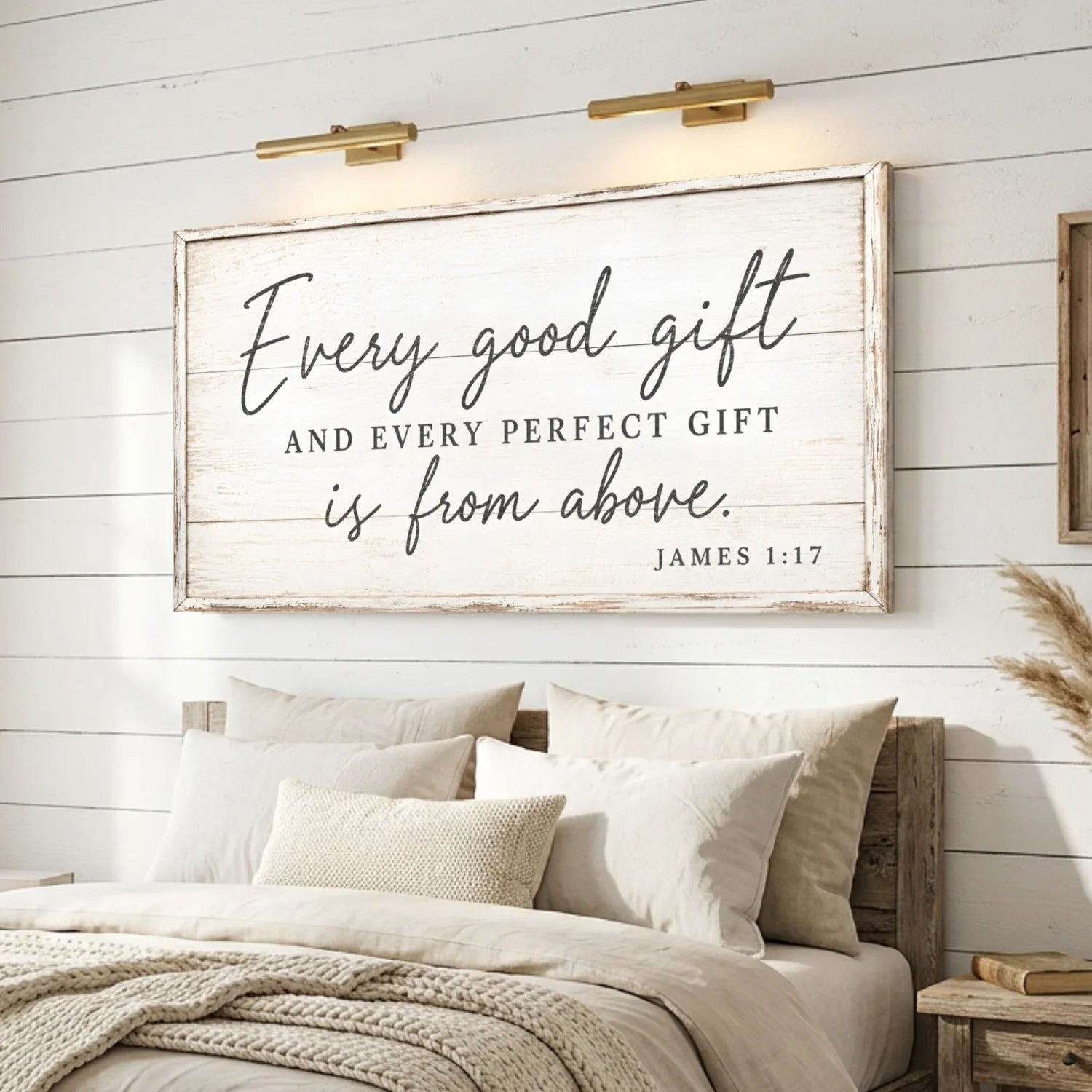 Bedroom with framed quote above bed on wooden wall. Every Perfect Gift Is From Above - James 1:17