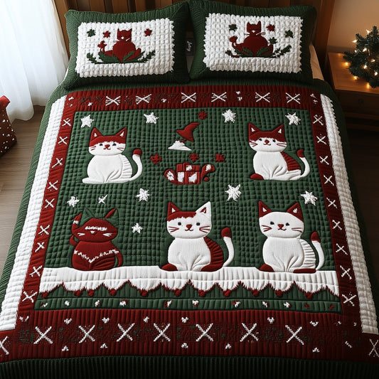 Feline Frost Fest 3-Piece Quilted Bedding Set - Single (59" x 70")
