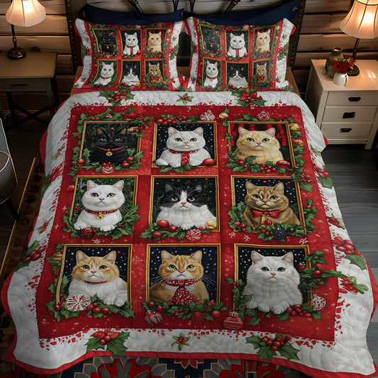 Festive Feline Cheer 3-Piece Quilted Bedding Set - Single (59" x 70")