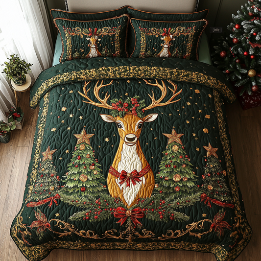 Festive Reindeer Forest Quilted Bedding Set - Single (59" x 70")