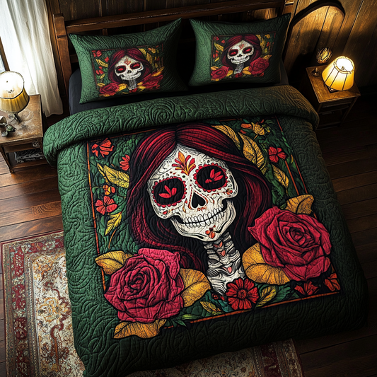 Festive Skull Flowers 3-Piece Quilted Bedding Set - Single (59" x 70")