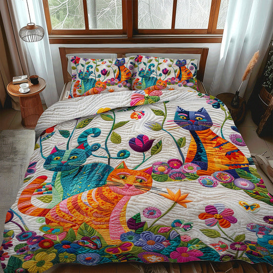 Floral Colorful Cats 3-Piece Quilted Bedding Set - Single (59" x 70")